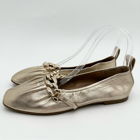 Aerosoles Ramen Soft Gold Metallic Leather Ballet Flats Chunky Chain - Picture 2 of 10
